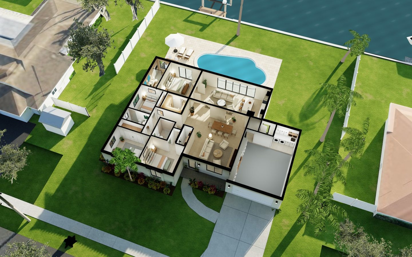 Maqueta 3D de la casa en corte, vista desde arriba, con la piscina, el muelle y el canal al fondo